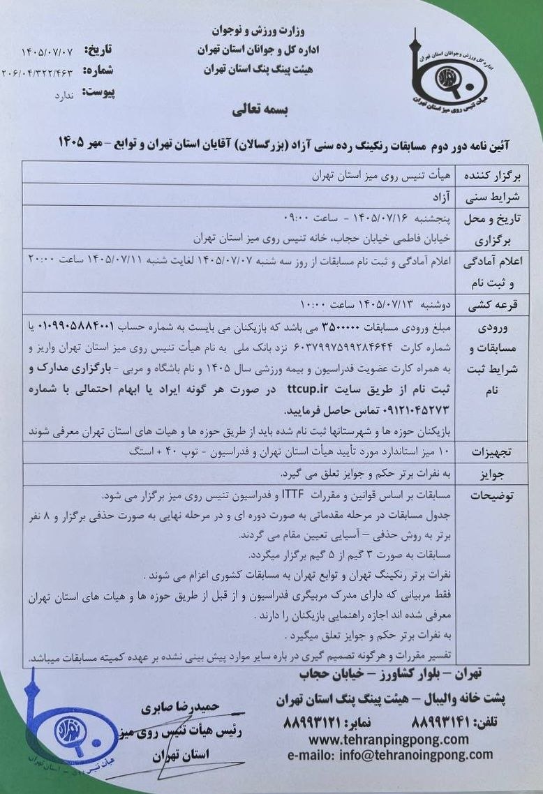 آیین‌نامه دور دوم مسابقات رنکینگ رده سنی آزاد (بزرگسالان) آقایان تهران و توابع