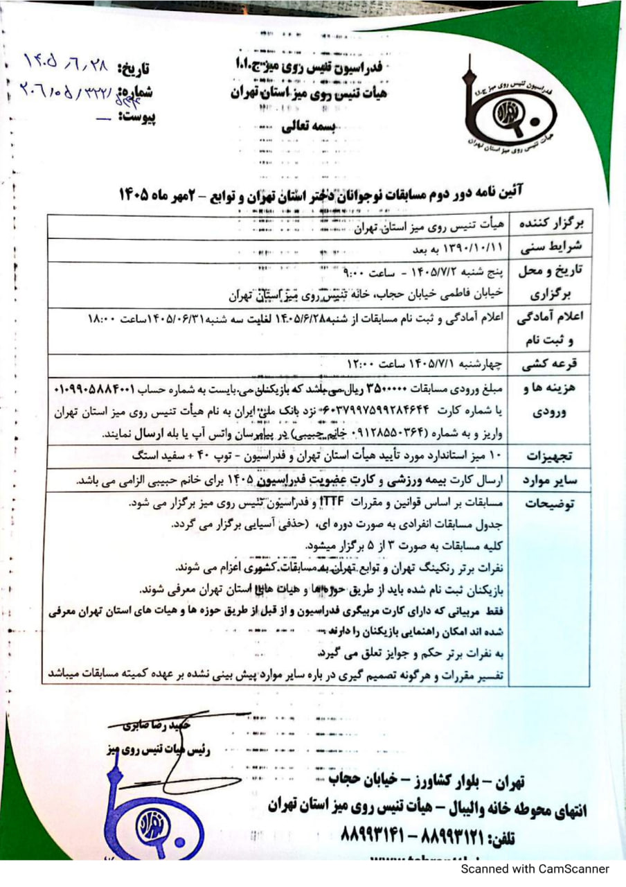 آیین‌نامه دور دوم مسابقات نوجوانان دختر استان تهران و توابع 