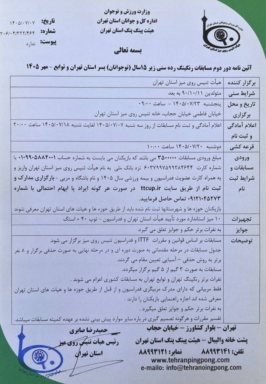 آیین‌نامه دور دوم مسابقات رنکینگ رده سنی زیر ۱۵ سال (نوجوانان) پسر تهران و توابع