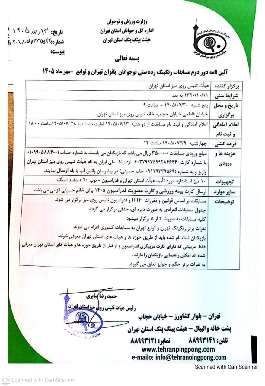 آیین‌نامه دور دوم مسابقات رنکینگ رده سنی نوجوانان بانوان تهران و توابع